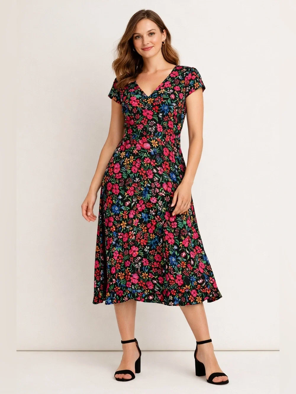 GAP Floral Midi Dress Size S Black Multicolor Garden Print Spring Summer Outfit - Picture 1 of 8